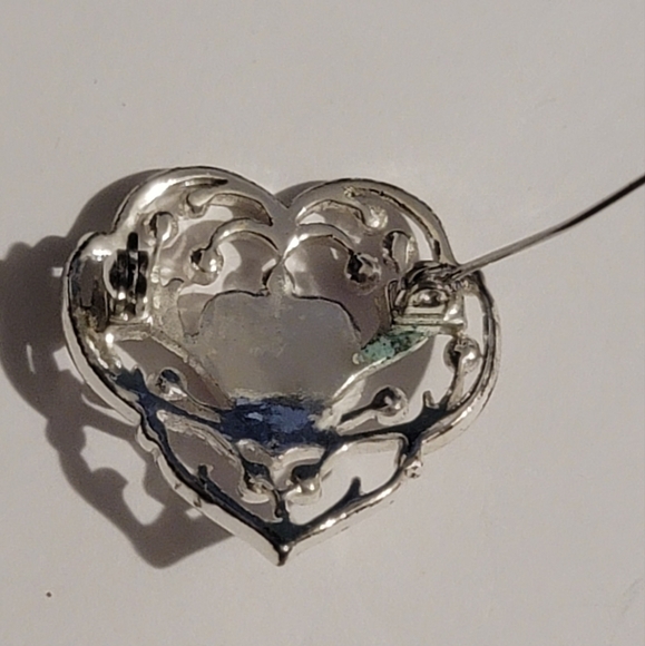 VINTAGE Heart Brooch Pin Silver Tone Pink Glass Cabochon Rhinestone - Picture 5 of 11